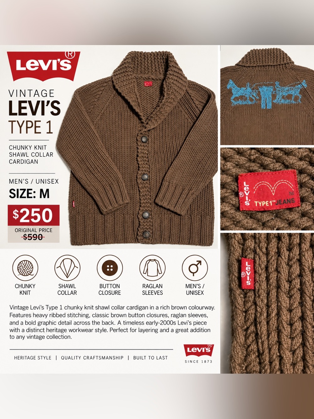 Vintage Levis Type 1 Chunky Knit Shawl Collar Cardigan | 2000s Heritage.